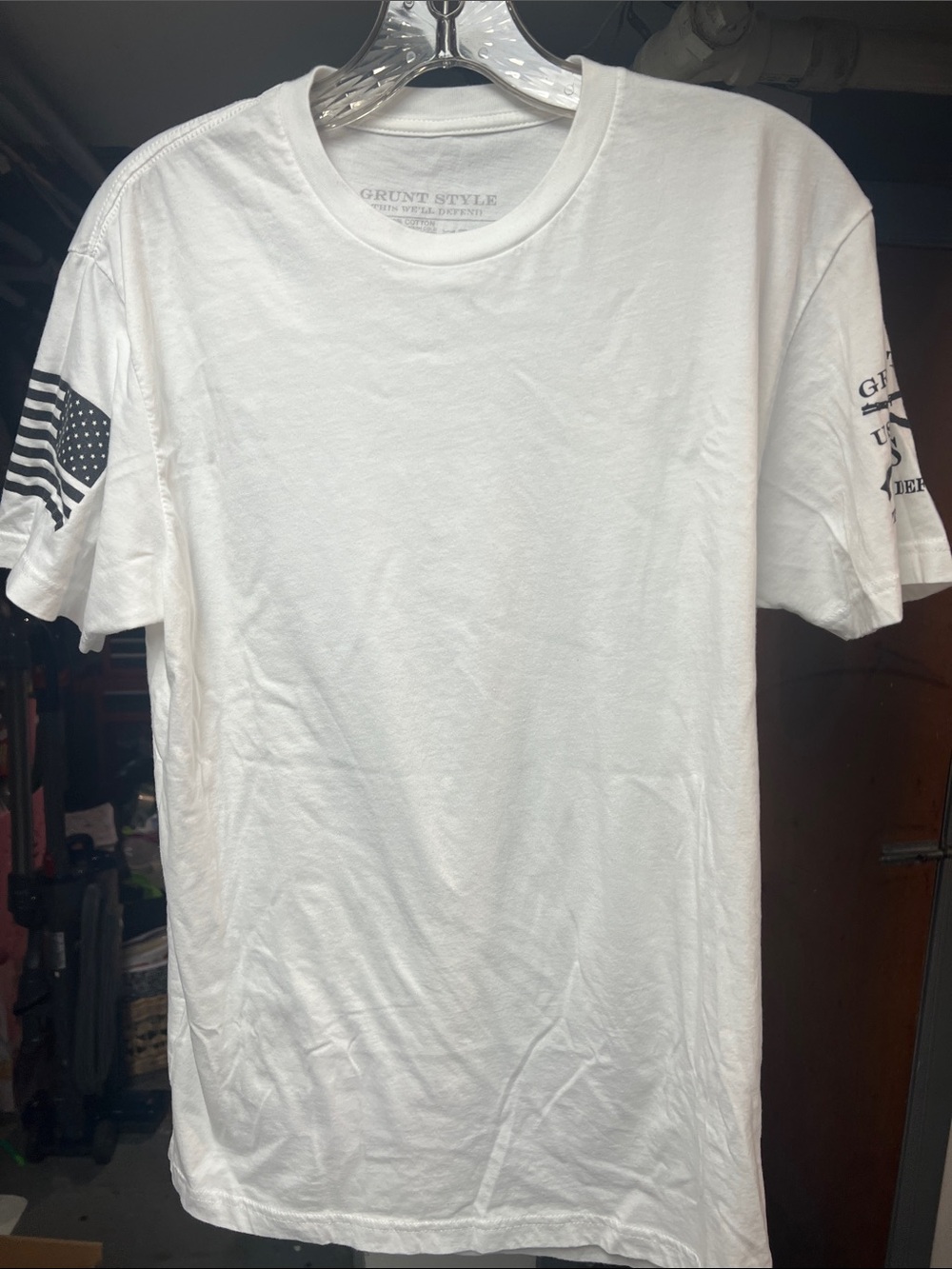 Grunt Style White Short Sleeve Crewneck Tee with Sleeve Flag Graphic